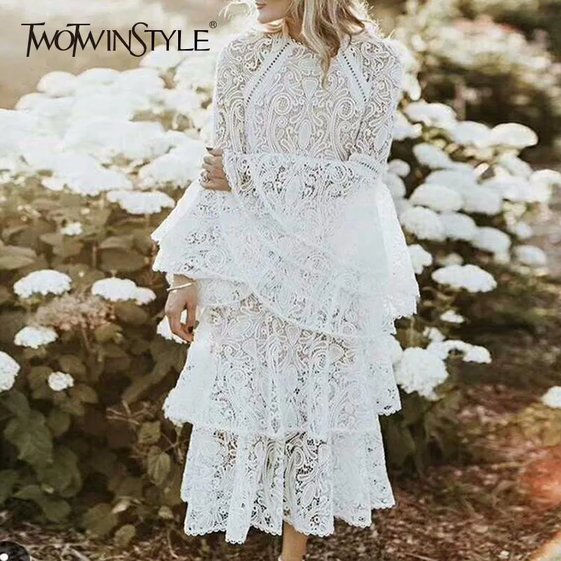 

TWOTWINSTYLE Lace Long Dress Womens Hollow Out Flare Sleeve Ruffles Patchwork High Waist Elegant Summer Holiday Dresses 2019