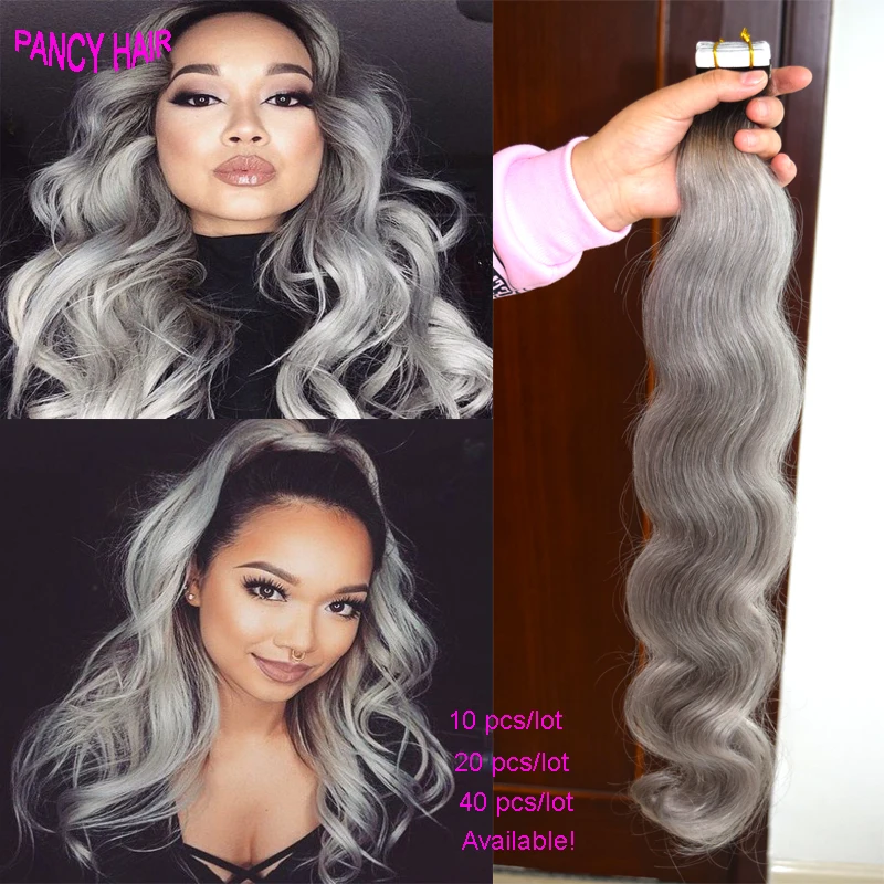 Ombre Silver grey Tape In Human Hair Extensions 10 20 40Pcs Ombre