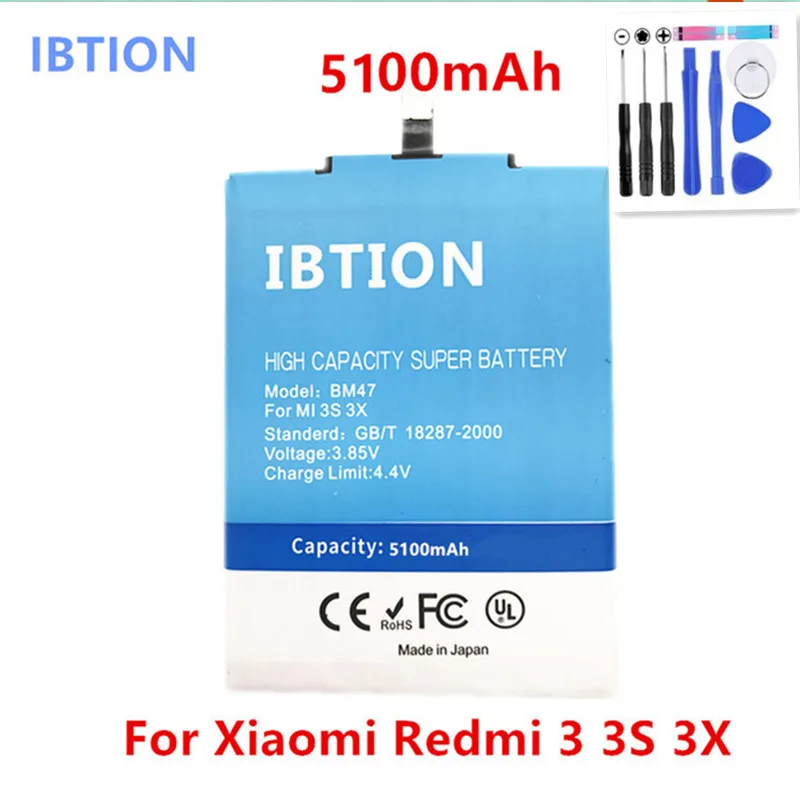 Аккумулятор IBTION BM47 емкостью 5100 мАч для Xiao mi Red mi 3 3S 3X Xiao mi Hong mi Red mi 4x BM 47+ Инструменты