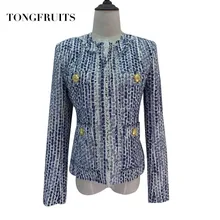 High End Runway Office Lady Custom Cotton Slim Coat Women Fashion Long Sleeve Checkered Tweed Coat Women Jacket Outerwear