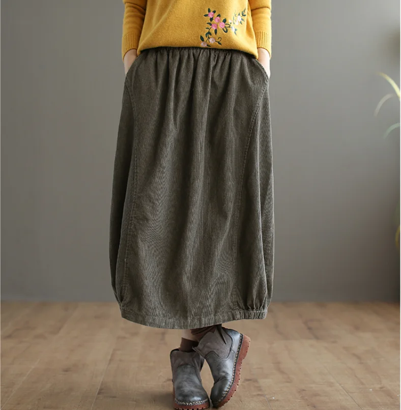 

Autumn Winter Skirt Retro Women Elastic Waist Skirt New Mori girl pocket Solid color Corduroy Blended Female Casual Skirt 2018