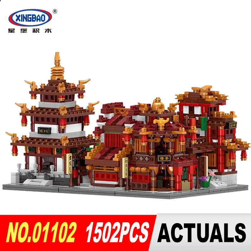 

XingBao 01102 1502Pcs Zhong Hua Street Serie 4 in 1 The Teahouse Library Cloth House Wangjiang Tower Set Building Blocks Model