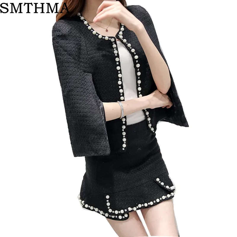 

beaded jacket Femme Coat +Short Ruffles Skirt 2 Pcs Women 2019 Winter Spring Black Beading Skirt Set
