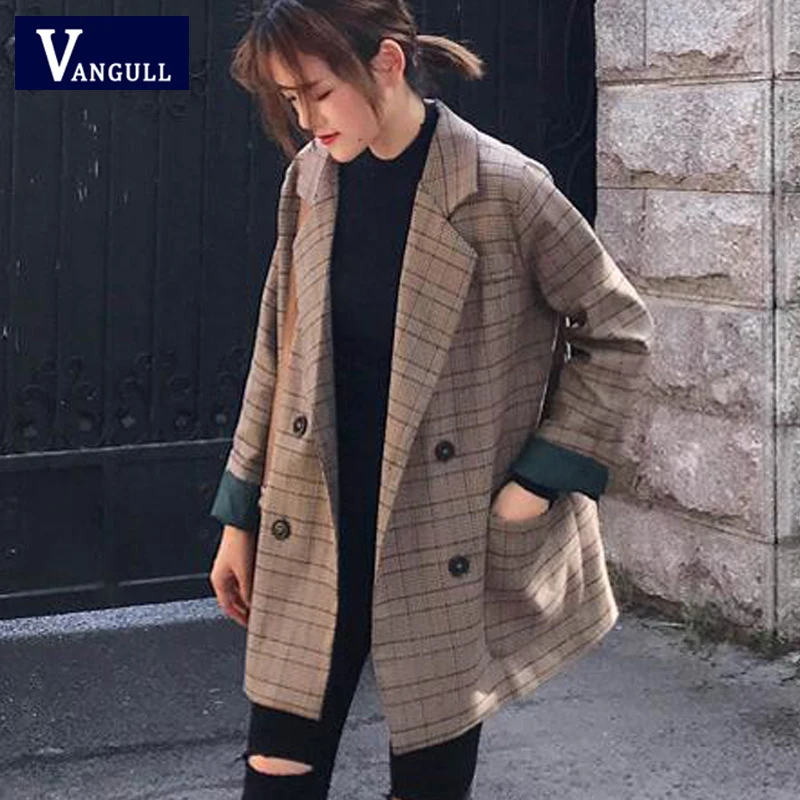 Vangull клетчатые женские блейзеры Модные Винтажные пальто с длинным рукавом 2019