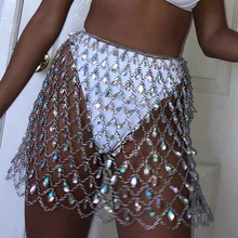 Горный хрусталь Бисер Diamond Pearl кисточкой выдалбливают металлической цепью перспектива мини-юбка клуба вечерние бальные сценический костюм пляжные