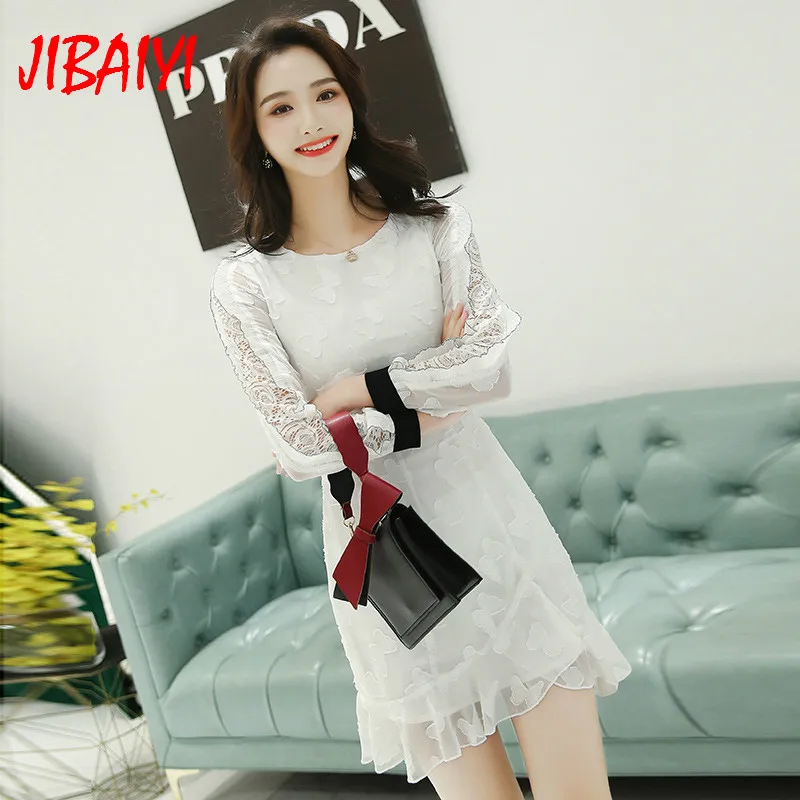 JIBAIYI Elegant Embroidery White Women Dress Vintage Long Lace Sleeve Spring Vestidos Female Party Hollow O-neck Sexy Dresses JIBAIYI Elegant Embroidery White Women Dress Vintage Long Lace Sleeve Spring Vestidos Female Party Hollow O-neck Sexy Dresses