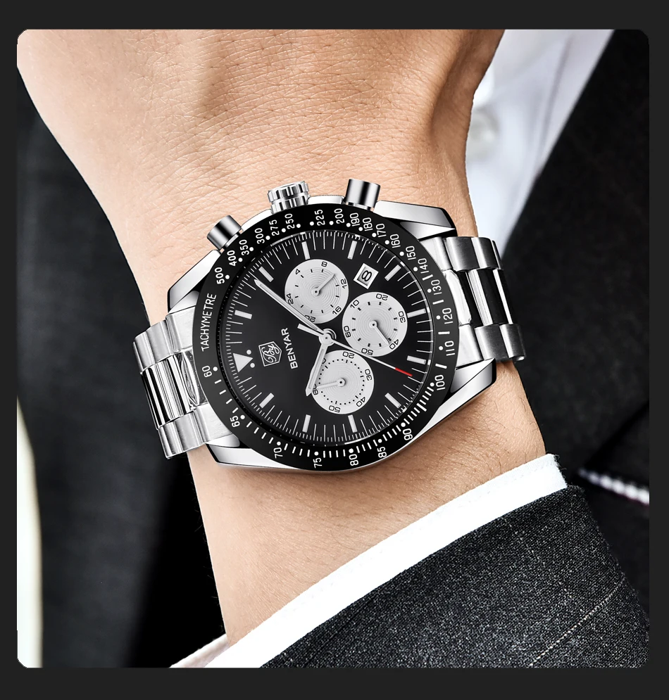 BENYAR бренд для мужчин Спорт хронограф силиконовый кварцевый ремешок часы все указатели работы водонепроницаемые Модные Часы мужские синие
