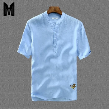 

Mens Pullover Shirts Fashion Short Sleeve Slim 100%Linen Loose Embroidery Shirts Male White Color Casual Shirts Tops Y1690