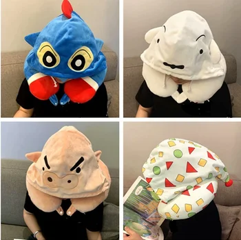 

candice guo! cute plush toy lovely cartoon Crayon Shin chan dog pig geometry soft hooded U shape pillow creative birthday gift