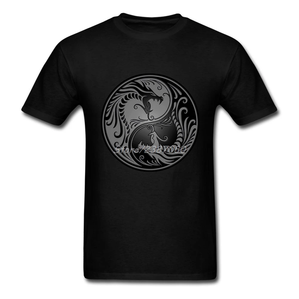 Gray and Black Yin Yang Dragons T Shirt Short Sleeve Brand Clothing Hip