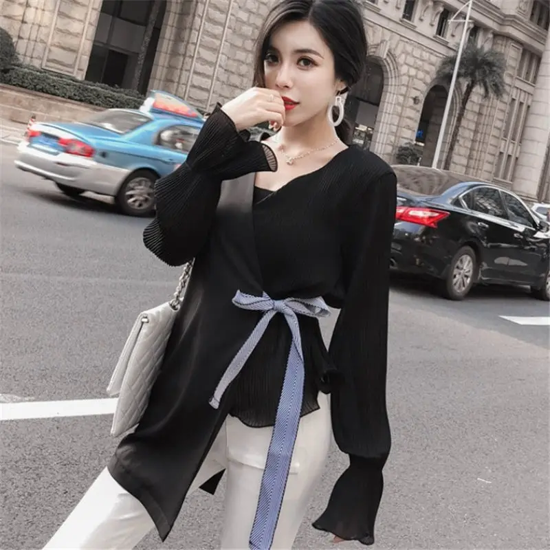  Woherb Perspective Shirt Womens Tops And Blouses Asymmetry Bandage Blusas Slim Thin Blouse 2020 Kor
