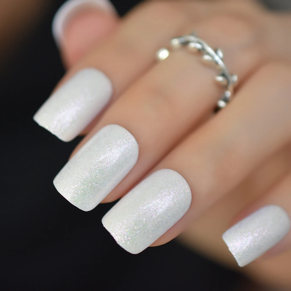 

Silver Glitter UV Gel Fake Nail Tips Medium Square False Nails Pointed Lady Daily Wears Fashion Manicure Accessories with Z869