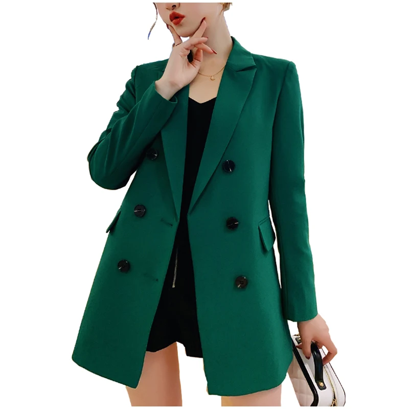 

Double Breasted Spring Autumn Women Long Style Blazer And Jacket 2019 Slim Coat Green/black/navy Blue/blue Plus Size Outerwear