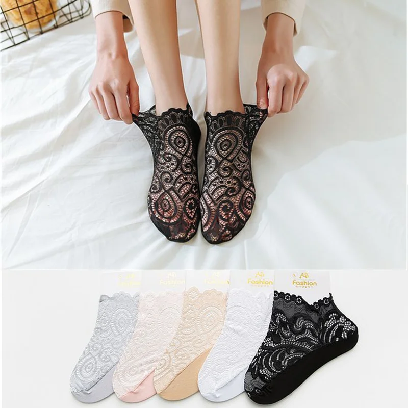 5 пара/лот, летние женские кружевные шелковые сетчатые короткие носки с цветочным рисунком Нескользящие невидимые тонкие носки до лодыжки - Цвет: 2