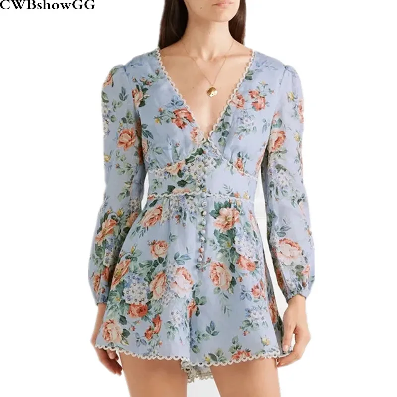 

CWBshowGG V-neck Printed Lace Patchwork Long-Sleeved Women's Summer 2019 New Fashion Vintage Beach Holiday Mini Short Jumpsuit