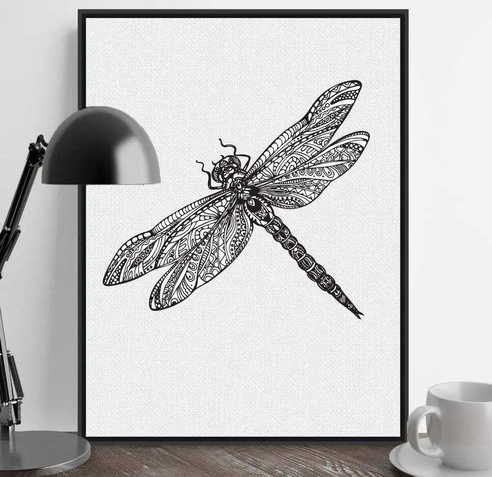 Hand-Drawn-Dragonfly-Print-Pictures-Canvas-Painting-Black-White-Animal-Dragonfly-Modern-Home-Living-Room-Summer (1)