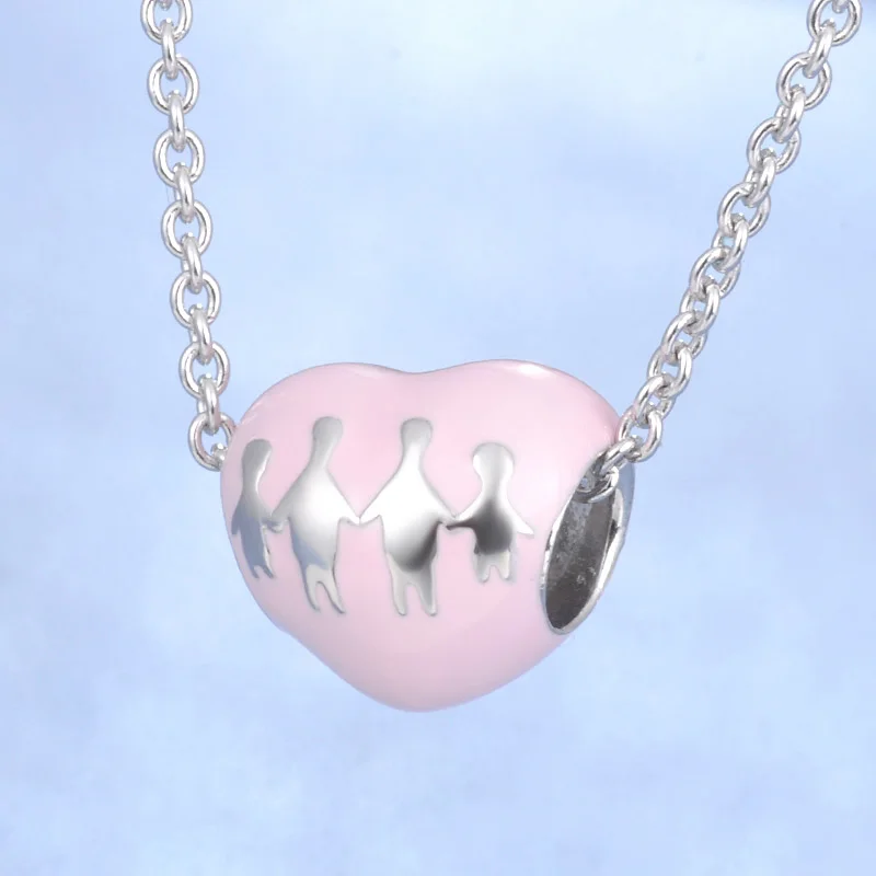 

2018 Fashion Enamel Pink Heart Shape With Family Theme Best Quality Fine Jewelry S925 Sterling Silver Snake/Cross Chain Necklace