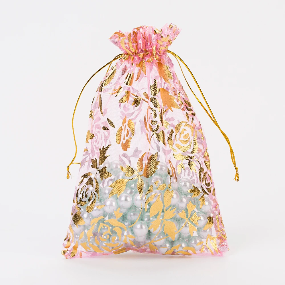 13x18cm Pink Rose Organza Jewelry Gift Bags Cheap Organza Pouches