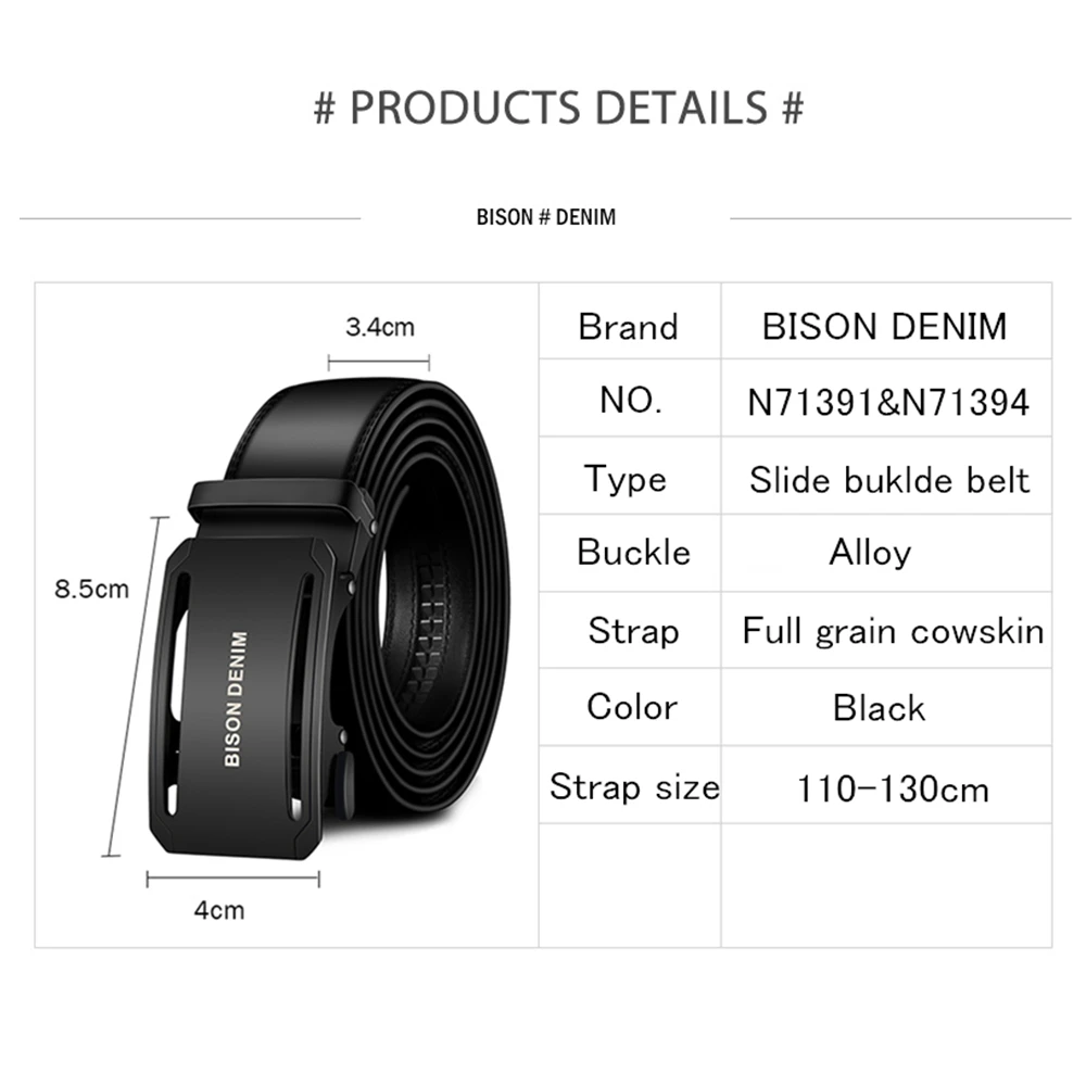 BISON DENIM Genuine Leather Male Belt Black Luxury Strap Belts for Men Cowskin Classic Fashion Pin Buckle men belt N71391