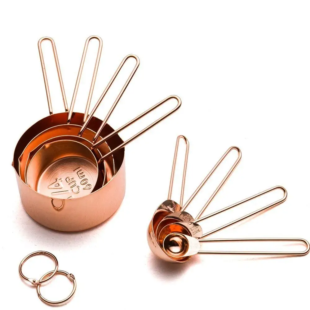 Realand Rose Gold 8pcs/set Copper Stainless Steel Measuring Cups and Spoons for Liquid and Dry Ingredients Teaspoon&Tablespoon