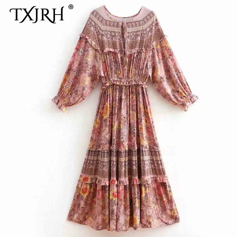 

TXJRH Vintage Ethnic Geometric Floral Print Ruffles Lacing up Tied Bow Elastic Waist Long Lantern Sleeve Long A-Line Swing Dress