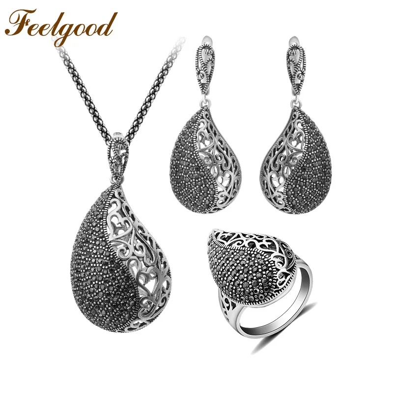 Feelgood Luxury Copper Pave Black Cz Crystal Jewelry Set Vintage Silver Color Teardrop Necklace Earrings Ring Sets 2018 New Feelgood Luxury Copper Pave Black Cz Crystal Jewelry Set Vintage Silver Color Teardrop Necklace Earrings Ring Sets 2018 New
