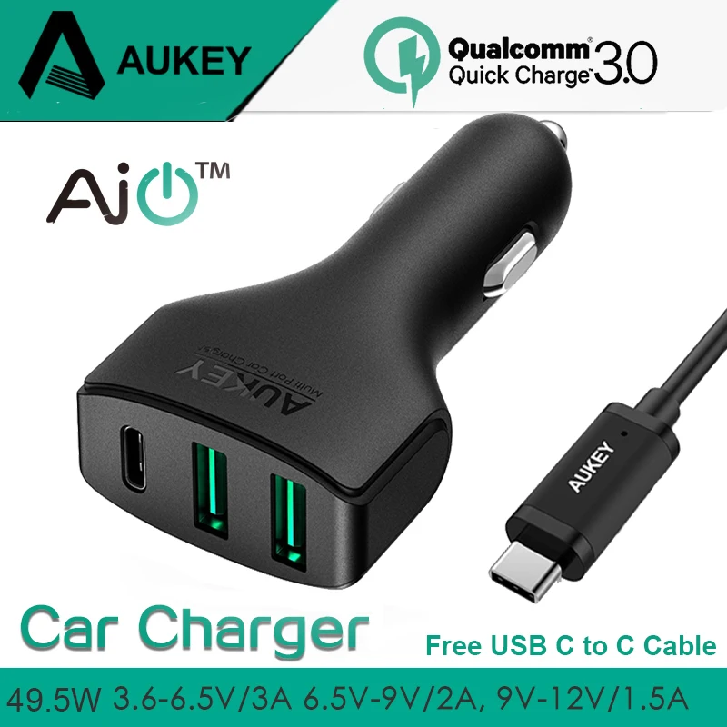 AUKEY 3 порта USB быстрое автомобильное зарядное устройство для Qualcomm Quick Charge QC 0 type C