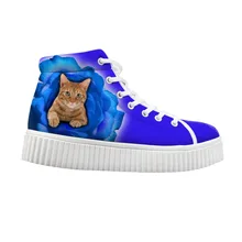 Noisydesigns/Повседневные осенние ботильоны на шнуровке с принтом кота для подростков, увеличивающие рост ботинки на плоской платформе для девочек