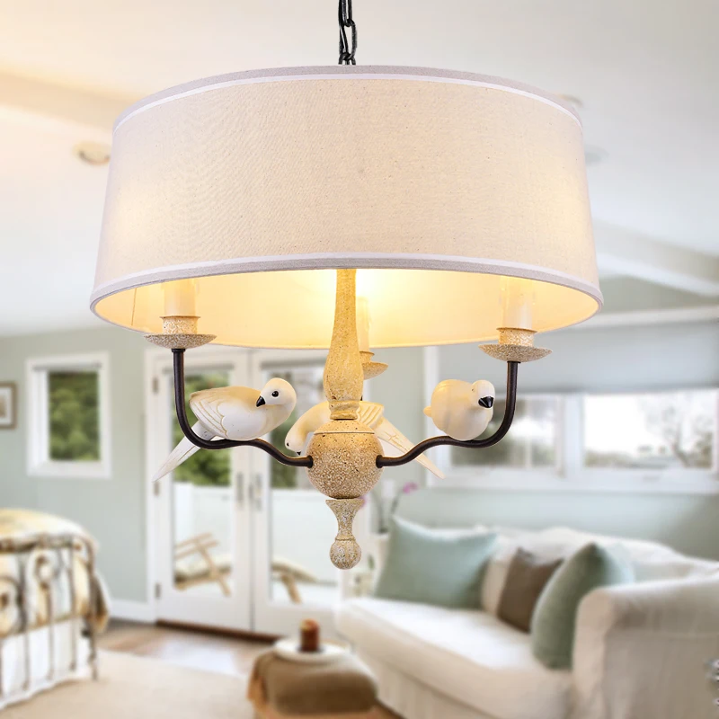 Cottage-Bird-Chandelier-Living-Room-Stair-Light-Black-Iron-Retro-Resin-Country-Style-Flaxen-Fabric-Lampshade (1)