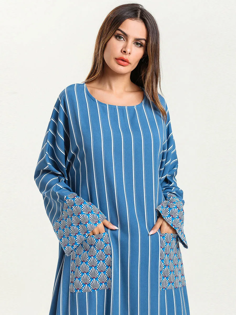 2019 повседневное женское мусульманское платье абайя с круглым вырезом и длинным рукавом голубое Полосатое мусульманское платье хиджаб