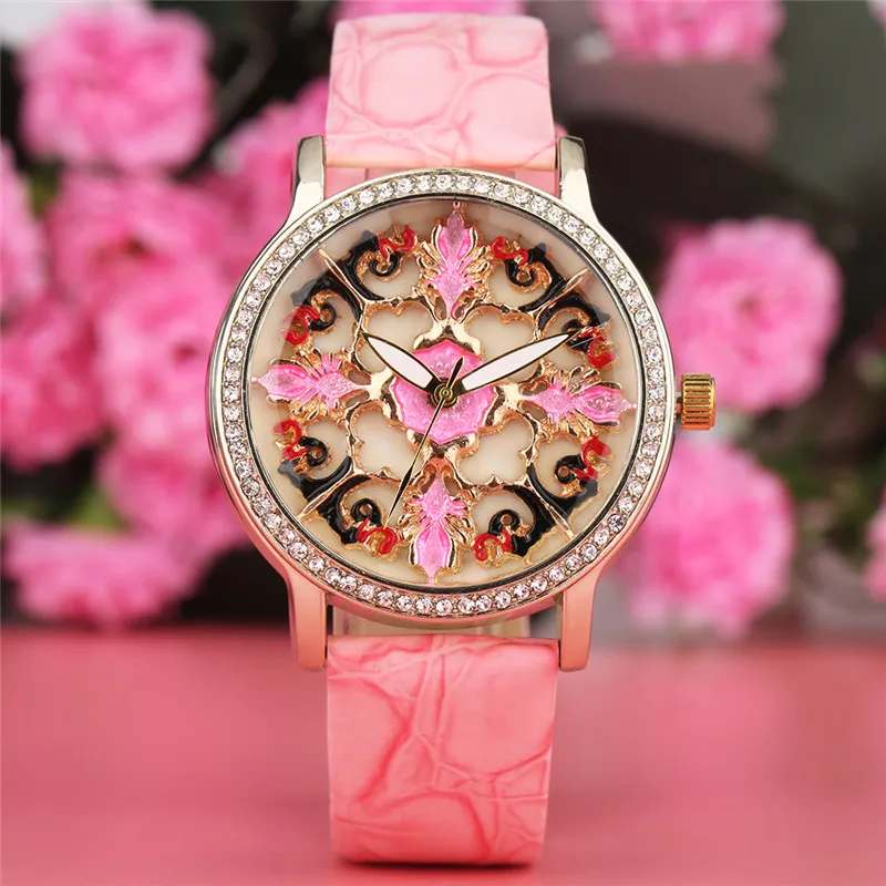 

2017 New Arrival Charming Ladies Quartz Watch Flower Design Dial PU Leather Band Elegant Casual Watches Best Gift reloj femenino