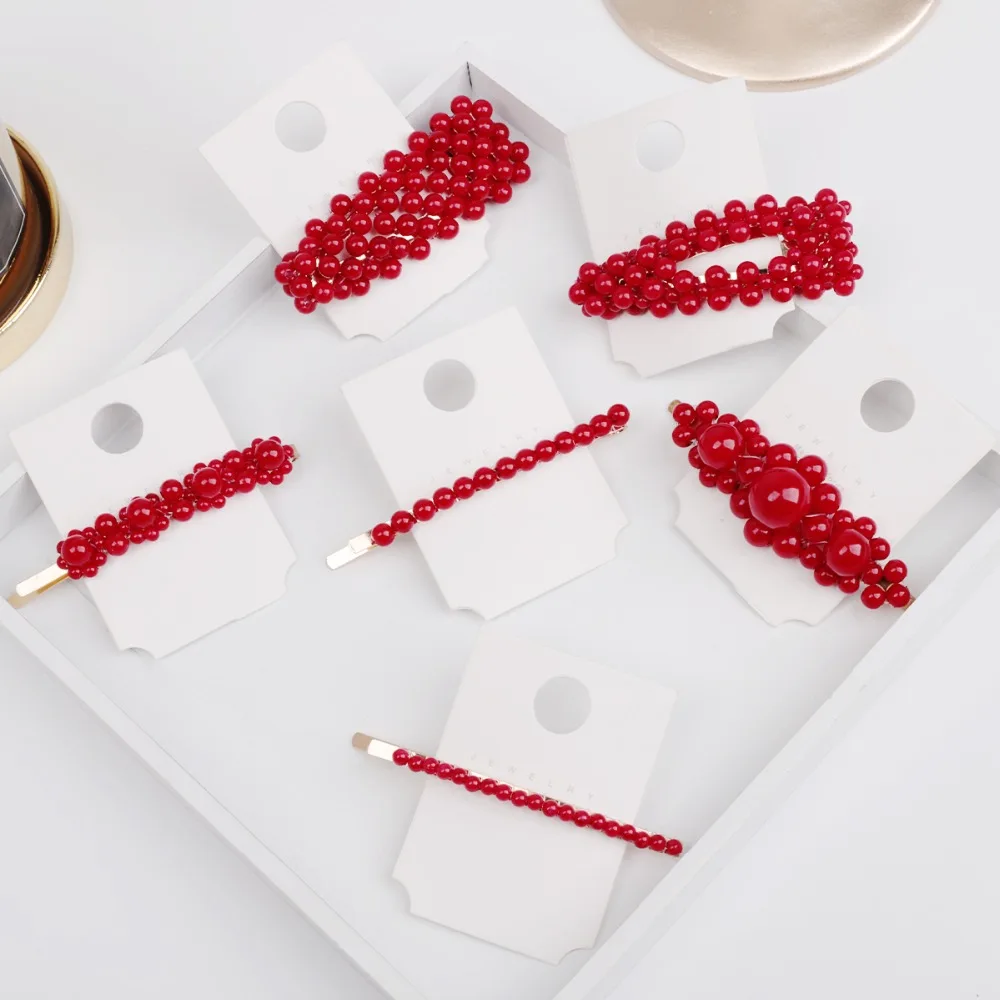 New Red Fashion Metal Hair Accessories Geometric Gold Color Hair Clip For Women Imitation Red Pearl Hairpin Barrettes Hairgrip