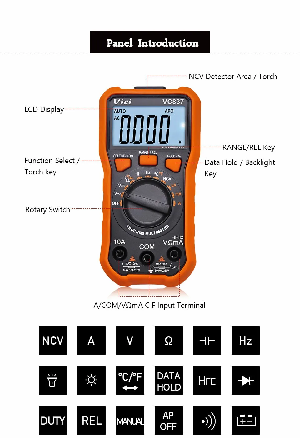 VICI VC837 True RMS 3 5/6 цифровой мультиметр с автоматическим выбором диапазона постоянной ёмкости, универсальный конденсатор сопротивление бесконтактная проверка напряжения переменного Температура Fequency диод hFE Тесты