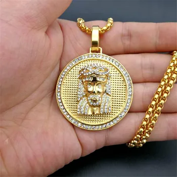 

Iced Out Round Jesus Head Necklace & Pendant With Stainless Steel Chain Gold Color Bling Cubic Zircon Men's Hip hop Jewelry For