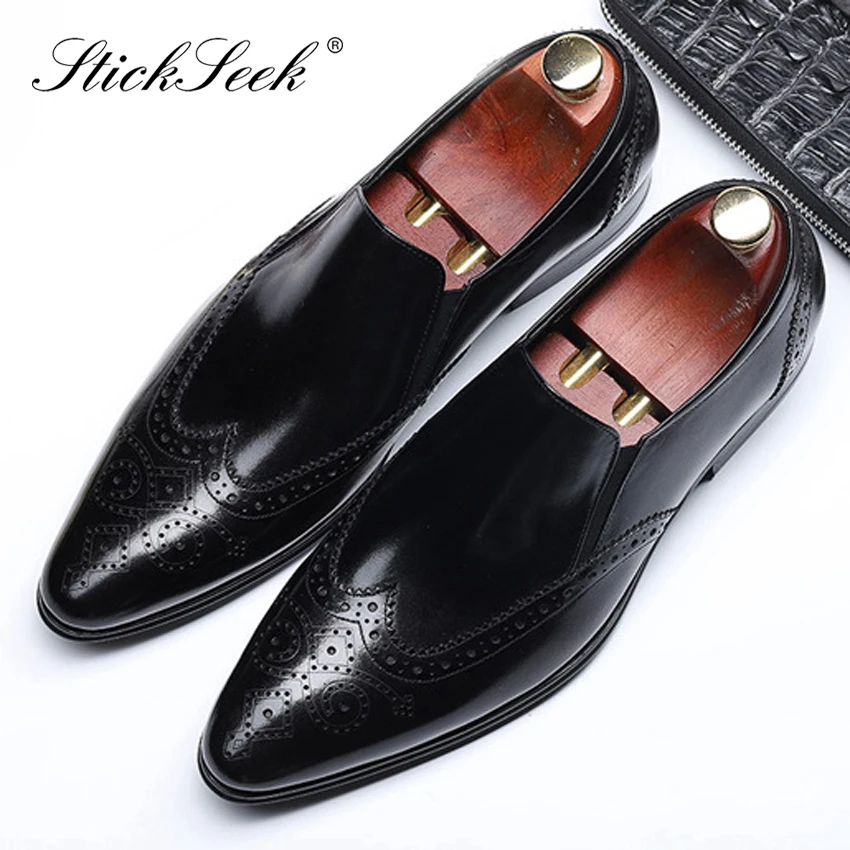

Vintage Natural Genuine Leather Formal Dress Wingtip Brogues Shoes Pointed Toe Slip on Men's Handcrafted Medallion Loafers SG140