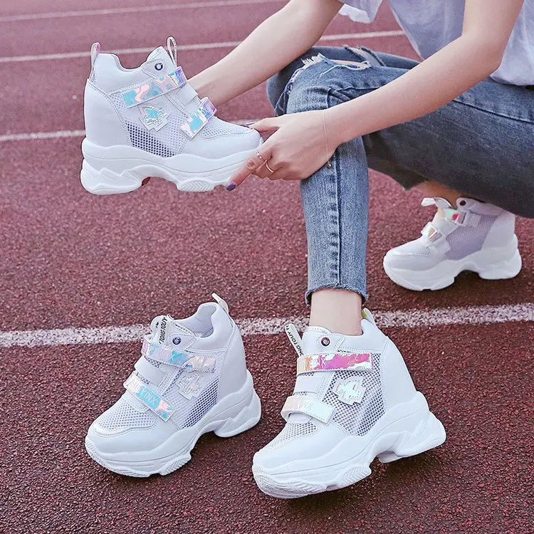 

2019 Summer Breathable Mesh Sneakers Hidden Increasing Shoes Women Wedge Casual Shoes Slip on High Heels 11 Cm Platform Shoes