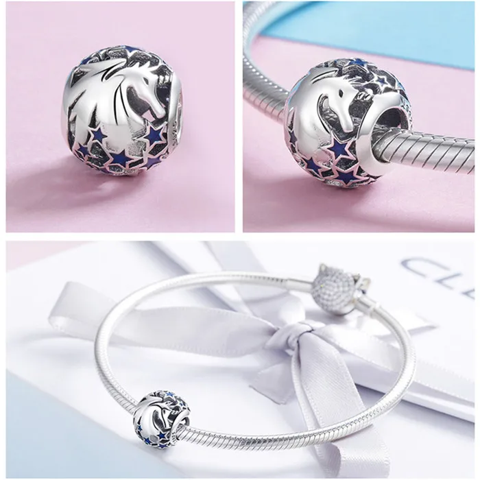 Fit Pandora браслет из натурального серебра 925 пробы синяя Эмаль Звезда Летающий подвеска в виде лошади настоящий S925 сказочный мир бусины DIY ювелирные изделия