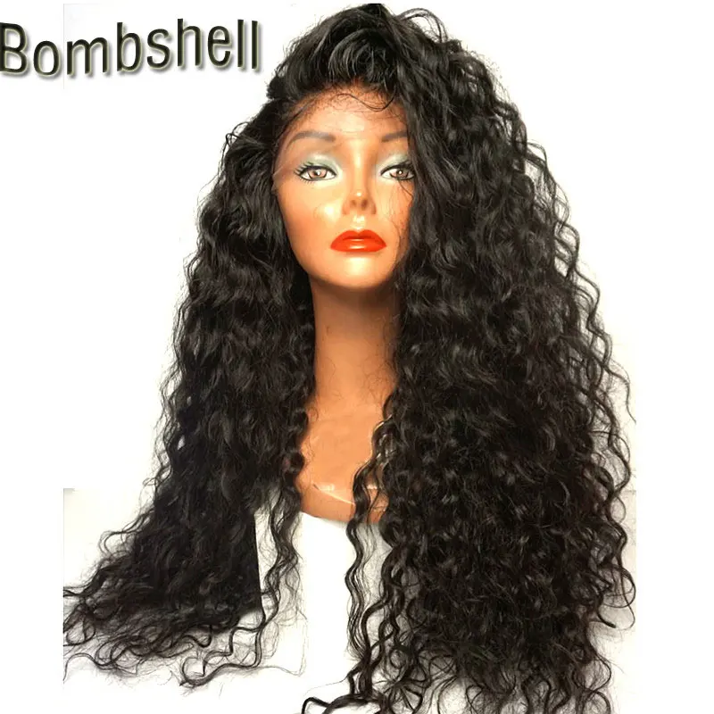 

Bombshell 180% Heavy Density Blakc Long Loose Curly Water Wave Synthetic 3 Inch Lace Front Wigs Heat Resistant Fiber For Women