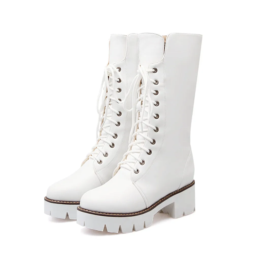 DoraTasia/однотонная обувь на широком среднем каблуке, с перекрестной шнуровкой, на молнии, с круглым носком, женские повседневные осенне-зимние сапоги до середины икры, большие размеры 34-43
