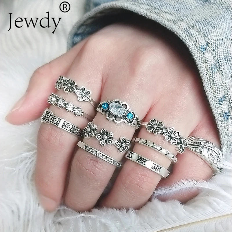 

10PCS/Lot Green Rhinestone Lotus Flower Midi Ring Set for Women Vintage Tibetan Elephant Knuckle Party Jewelry Accessories