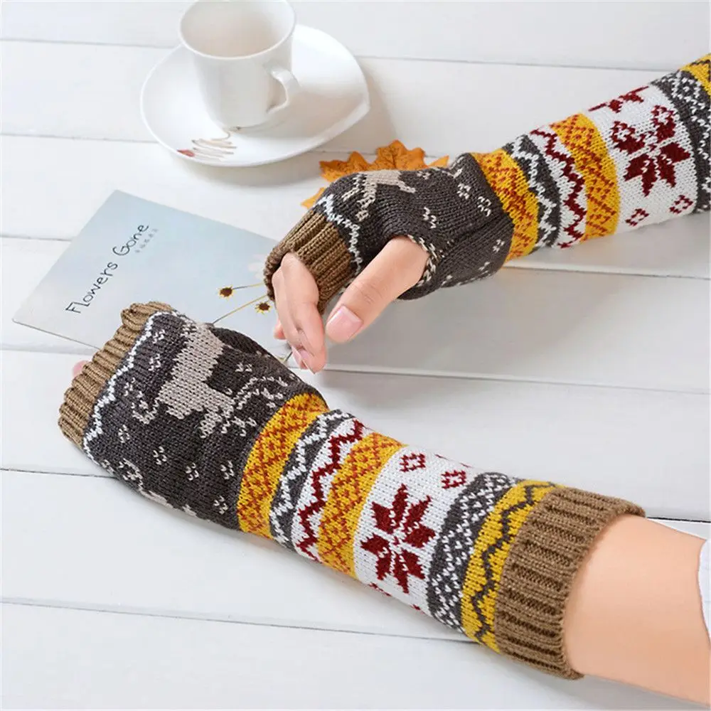 1 пара Женские Модные теплые зимние вязаные длинные перчатки без пальцев митенки с принтом животных для женщин