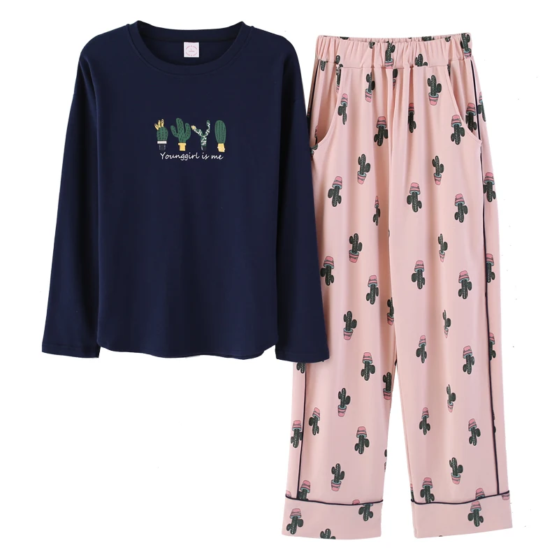 

Ladies Cactus Print Pajama Set Cotton Pyjama Set Long Sleeve Pijama Set o-neck Sleepwear Autumn Home Wear Sleep Wear For Women