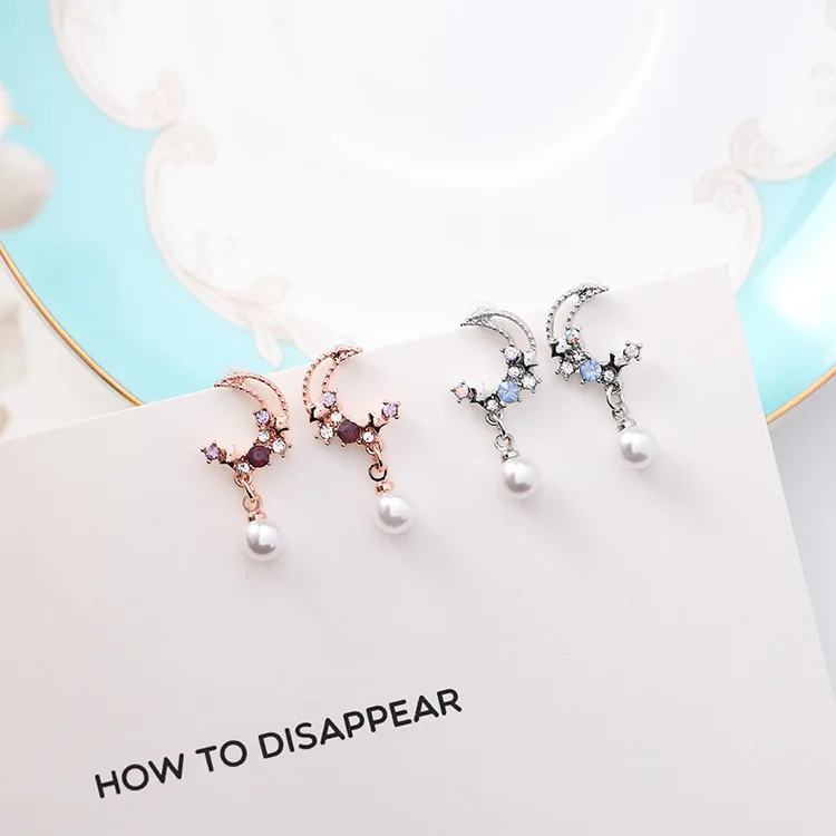 

New Lovely Moon Star Asymmetry Drop Earrings For Women Colorful Rhinestone Simulated Pearl Pendientes Earings Fashion Jewelry