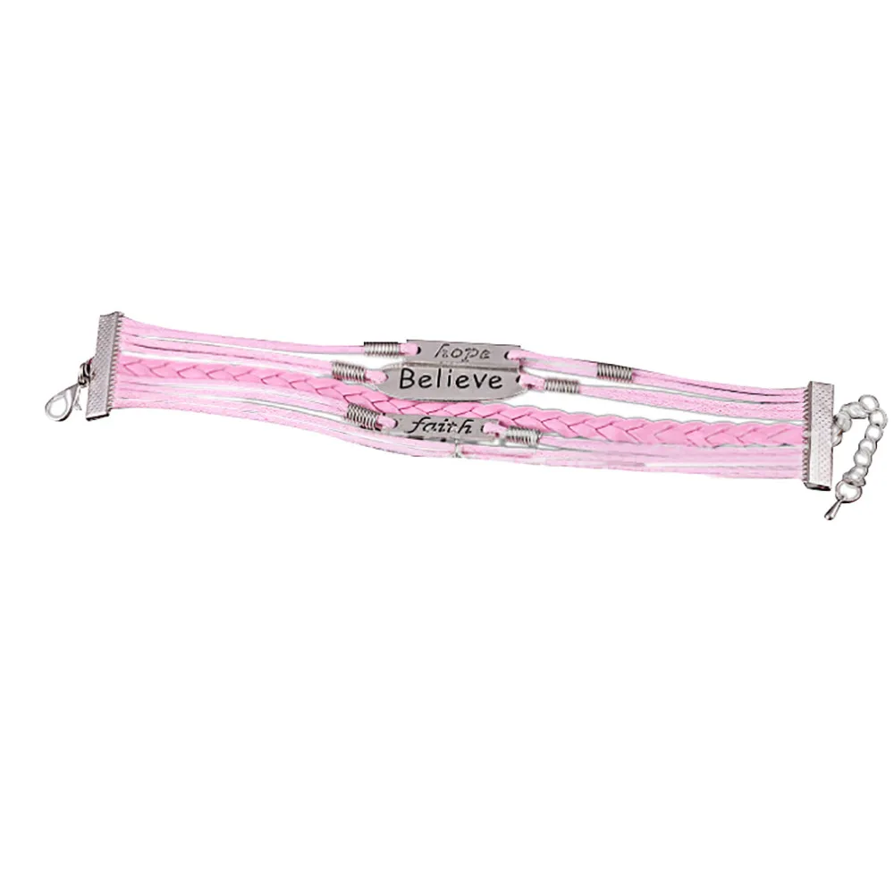

Multi-layer Leather Rope Handmade Pink Ribbon Breast Cancer Awareness Bracelet For Women Jewelry Gift Mujer Pulseras #4J11