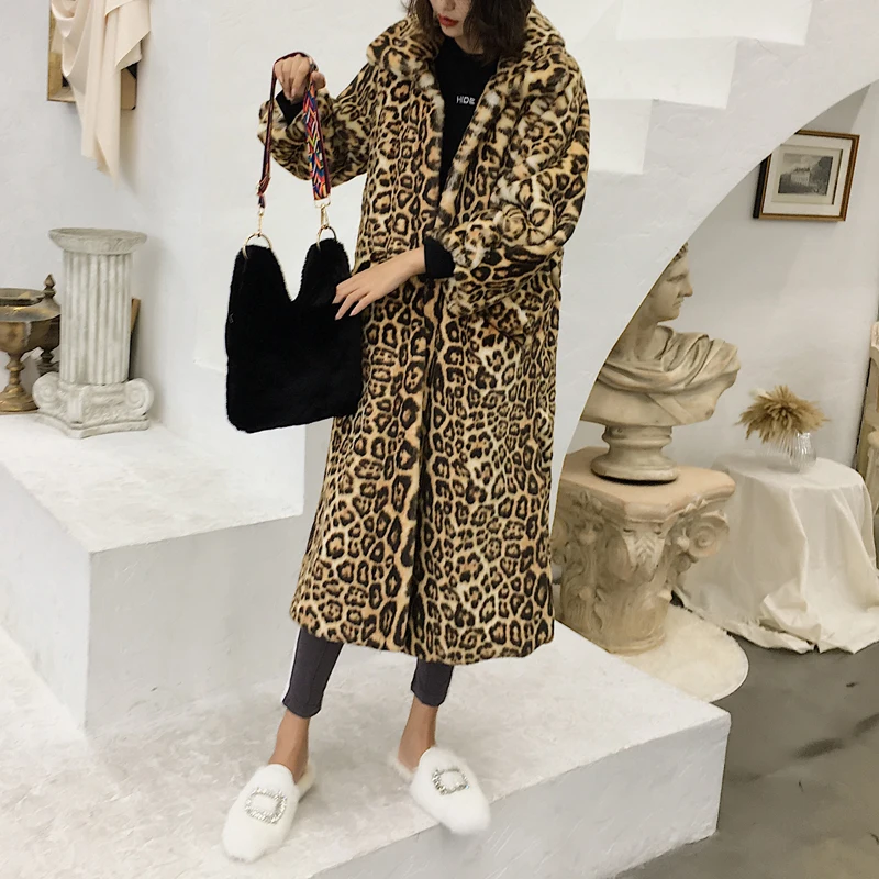 Chic X Long Leopard Faux Fur Coat Jacket Winter Fashion New Pocket Outerwear Thick Warm Cozy Faux Mink Fur Overcoat Female