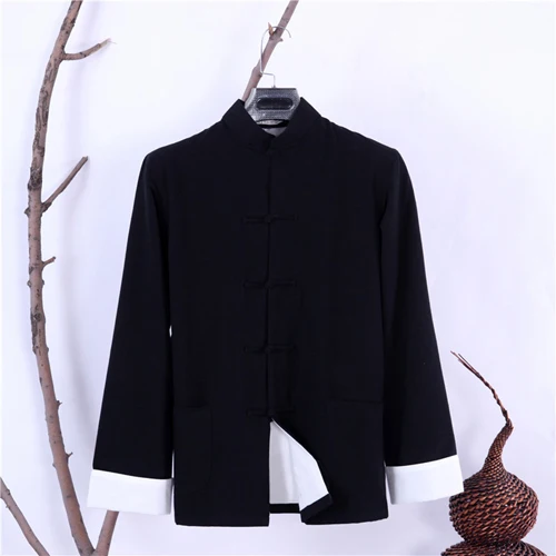 Мужская Осенняя Новая двухслойная однотонная куртка с длинными рукавами хлопок традиционное китайское пальто кунг-фу форма Тай Чи YZT082305 - Цвет: black