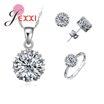 

Hot Selling Women Wedding 925 Sterling Silver Jewelry Sets CZ Cubic Zirconia Necklace/ Stud Earring/ Ring Set Wedding Sets