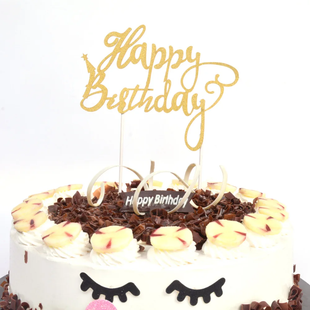 

Happy Birthday Gold Glitter Cake Topper Calligraphy Topper Script Topper with Birthday Hat Mermaid Party Supplies 1st Birthday