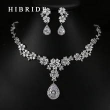 HIBRIDE Luxury Style Pear Cut Australian Crystal Pendants Necklace Earrings Rhodium Bridal Women Wedding Jewelry Sets