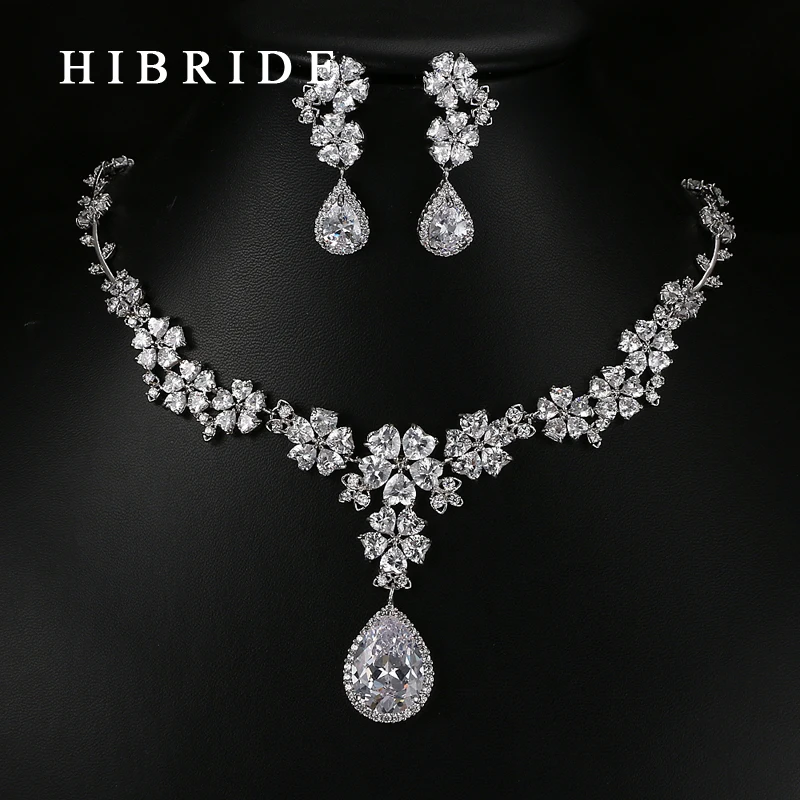HIBRIDE font b Luxury b font Style Pear Cut Australian Crystal Pendants Necklace Earrings Rhodium Bridal